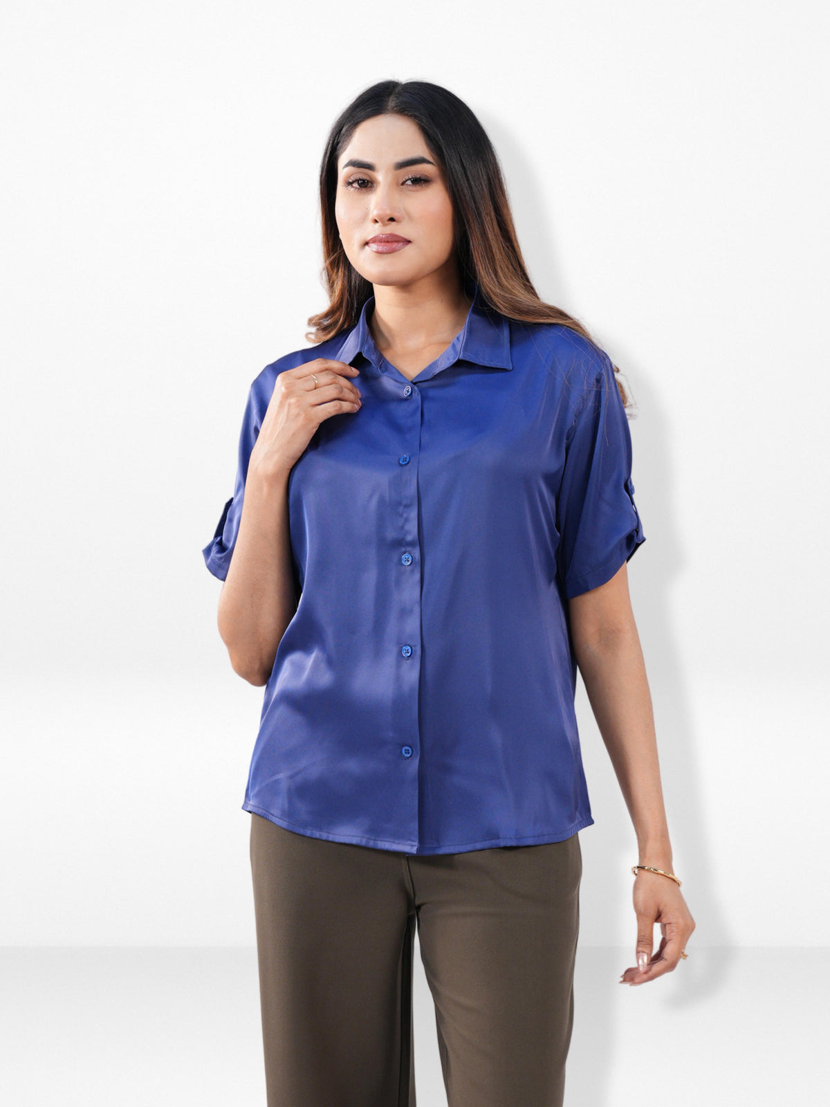 Women’s Short Sleeve Satin Shirt – Spread Collar Button-Down Top | Soft Shiny Formal & Casual Wear