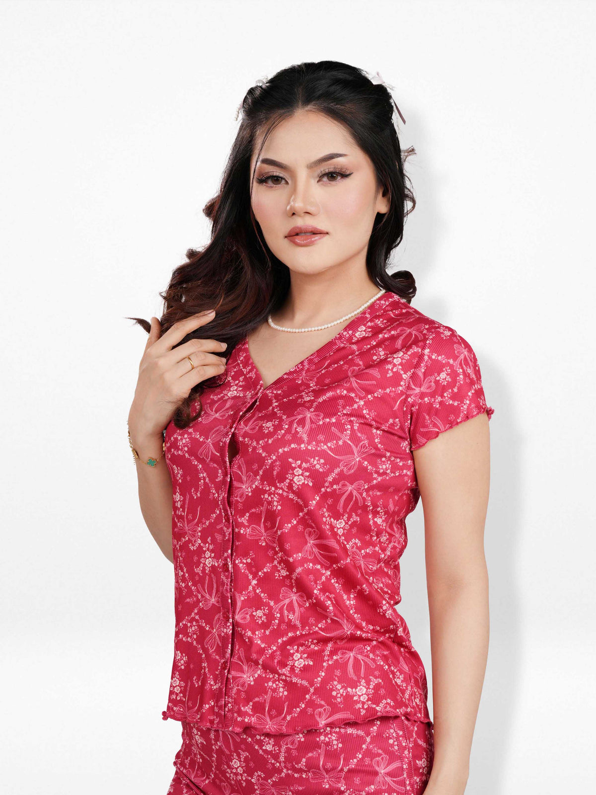 Women’s Short Sleeve Button-Down Top | Printed Sleepwear Shirt | Soft & Stretchy Yummy Rib Fabric | Lounge Top - Crimson
