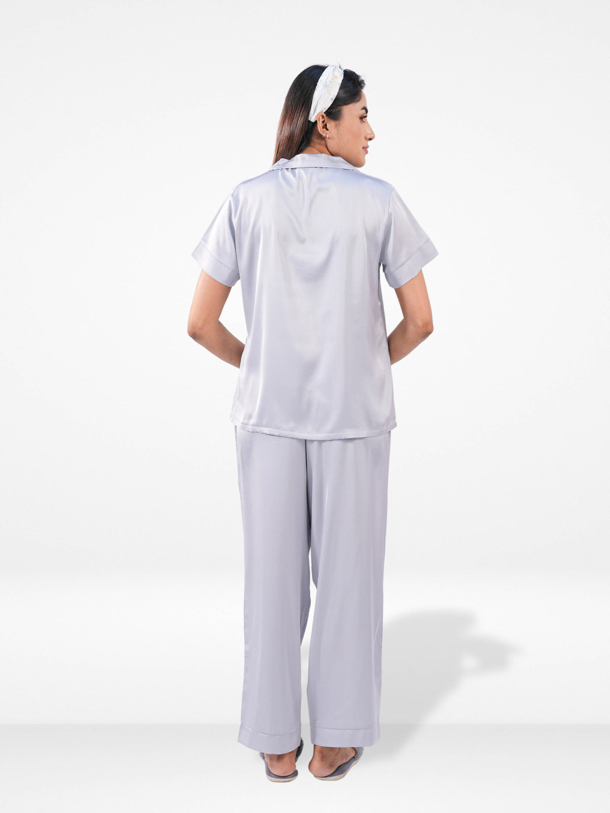 Satin Pajama Set for Women - Button Down, Short Sleeve Long Pant