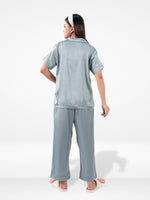 Satin Pajama Set for Women - Button Down, Short Sleeve Long Pant