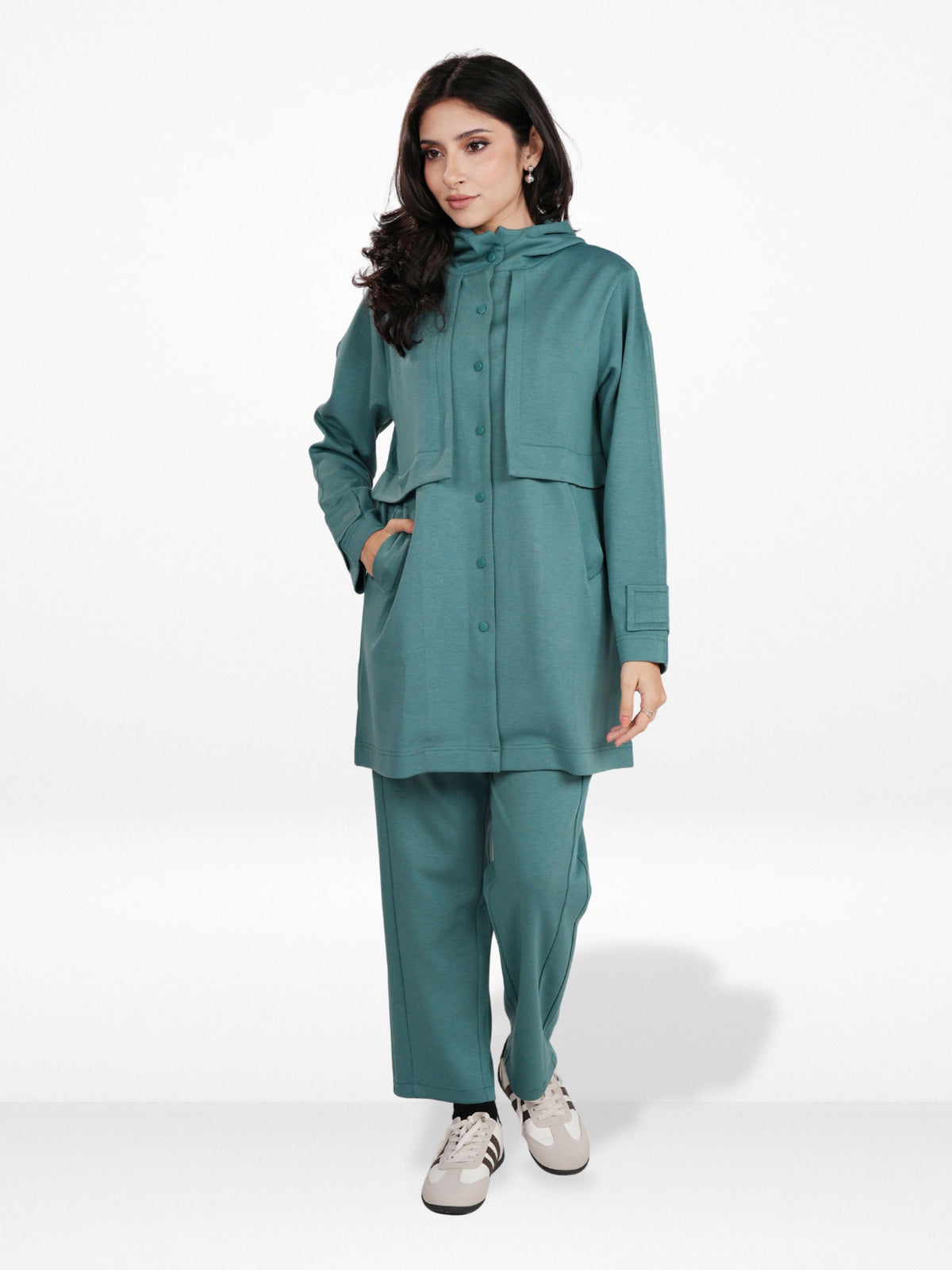 Women’s Soft Pastel Longline Hooded Jacket –Casual Outerwear with Snap Button Closure & Side Pockets