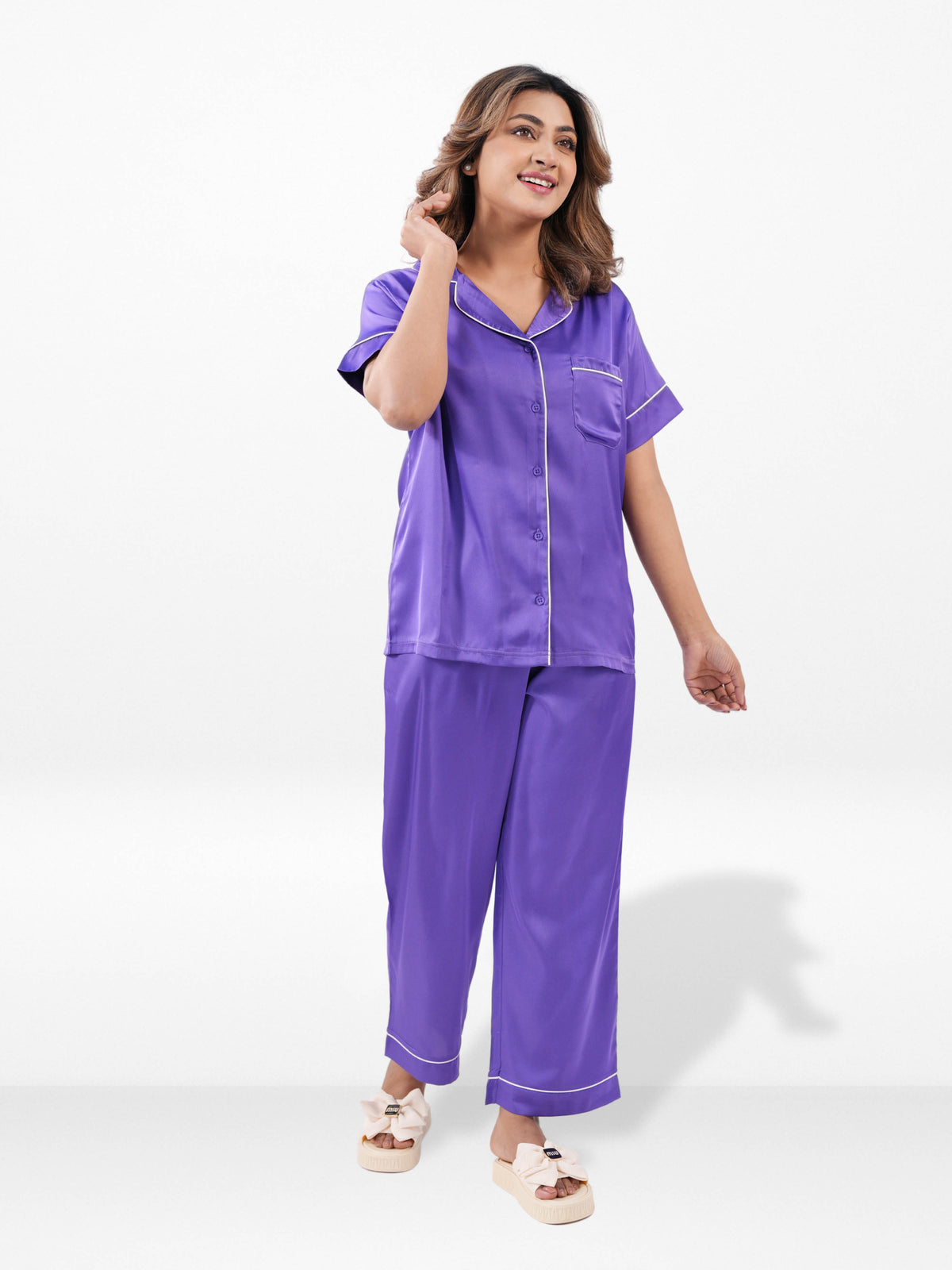 Satin Pajama Set for Women - Contrast Piping, Notch Collar, Button Down, Short Sleeve Long Pant & Sleep Eye Mask