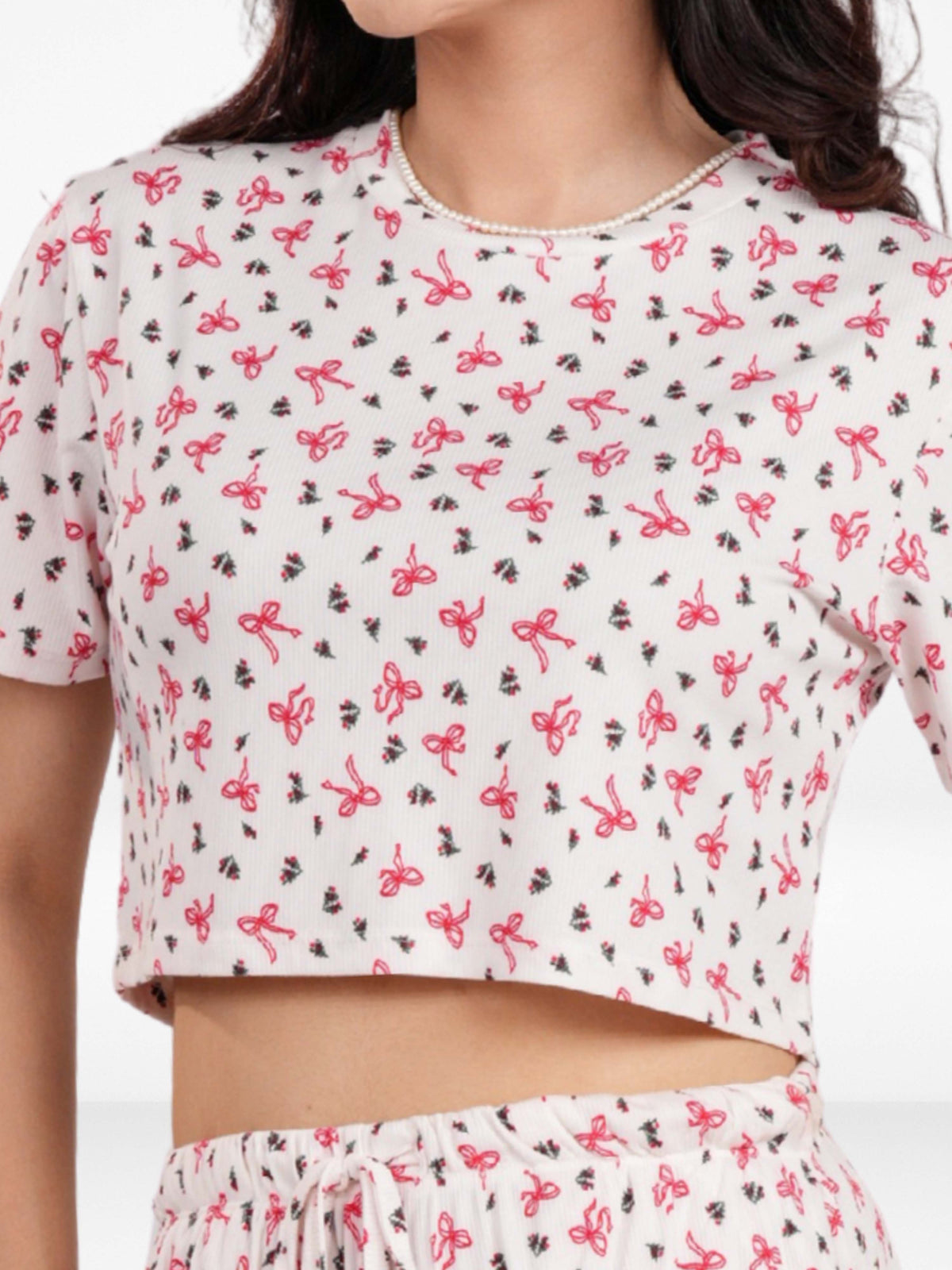 Womens All Over Printed Crop Top and Long Bottom Set Crew Neck Half Sleeve Tee & Matching Bottom | Trendy Casual Two-Piece Wear - Egret
