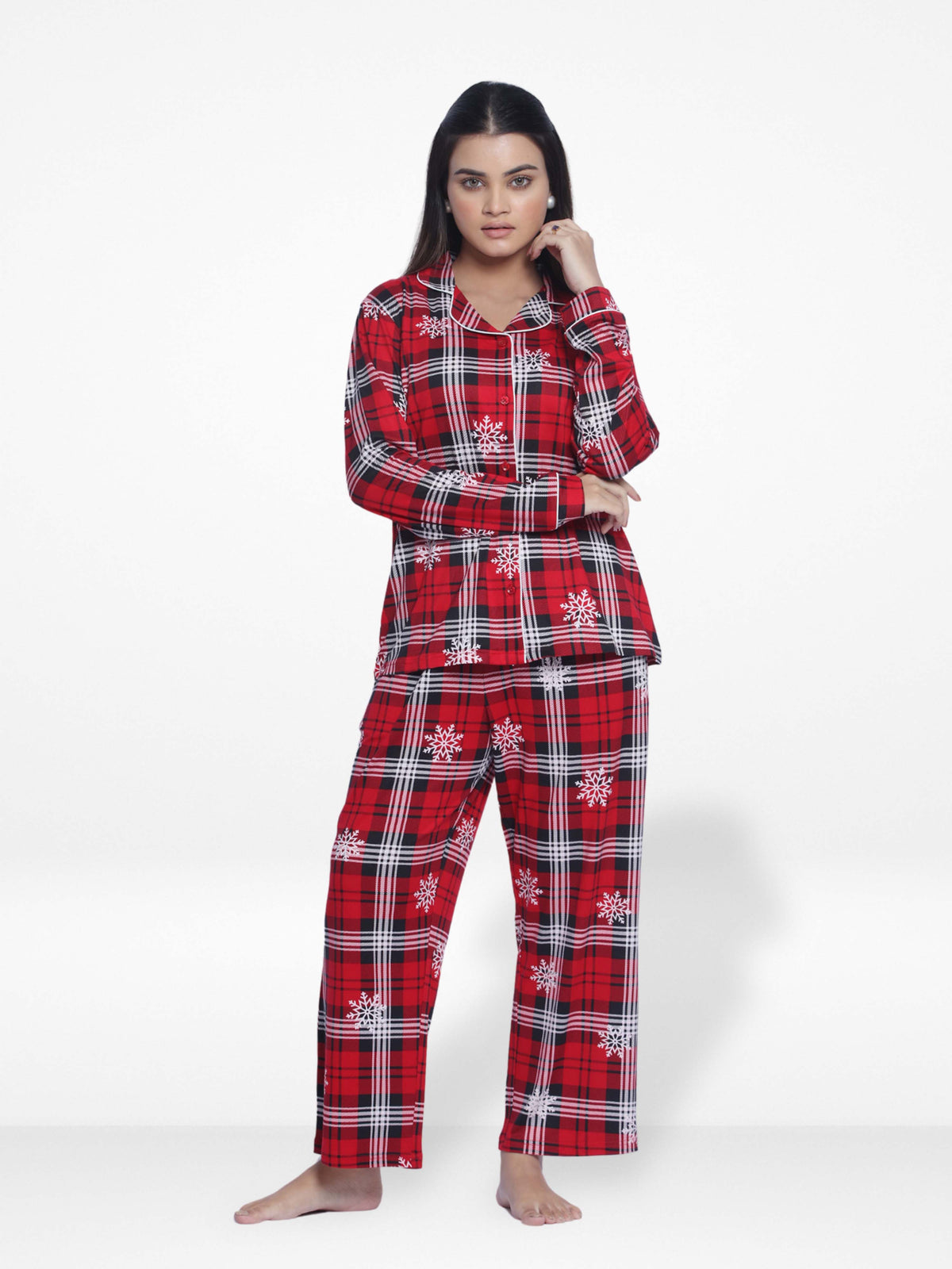Women Sleepwear Long Sleeve Pyjama Set Red Check