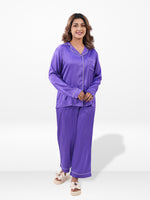 Satin Pajama Set for Women - Contrast Piping, Notch Collar, Button Down, Long Sleeve Long Pant