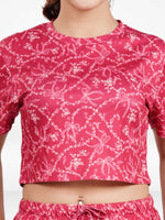 Womens All Over Printed Crop Top and Long Bottom Set Crew Neck Half Sleeve Tee & Matching Bottom | Trendy Casual Two-Piece Wear - Crimson