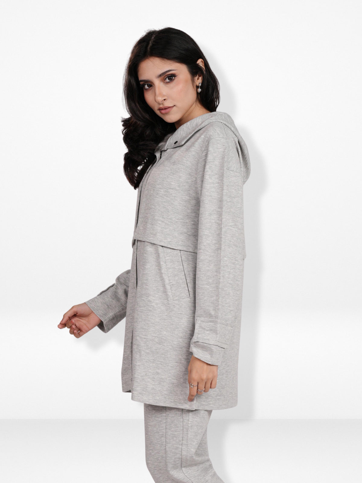 Women’s Soft Pastel Longline Hooded Jacket –Casual Outerwear with Snap Button Closure & Side Pockets