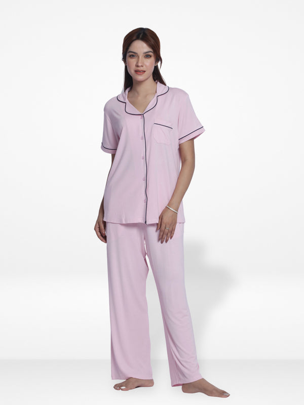 Women Solid Sleepwear Short Sleeve Pyjama Set