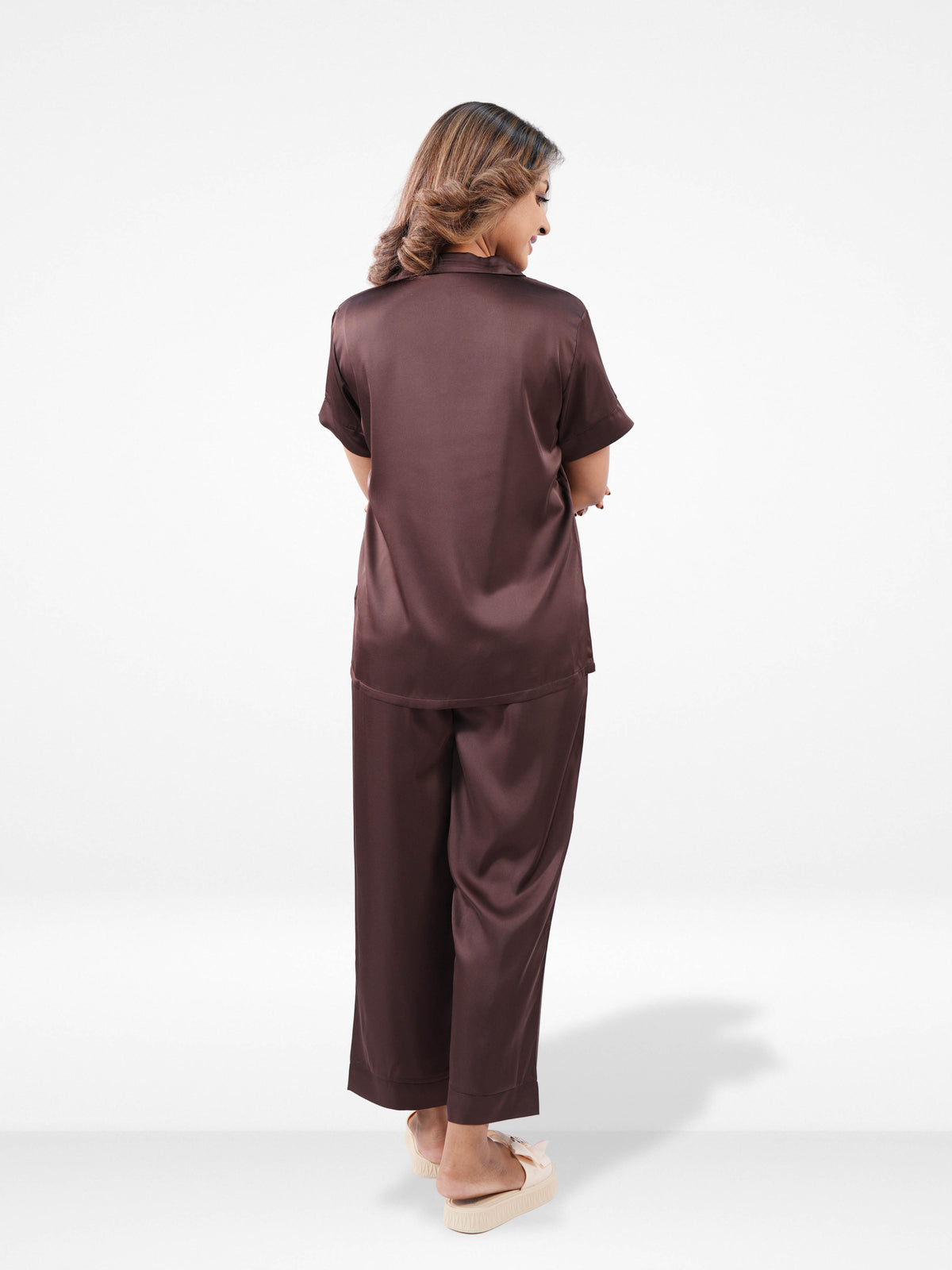 Satin Pajama Set for Women - Button Down, Short Sleeve Long Pant