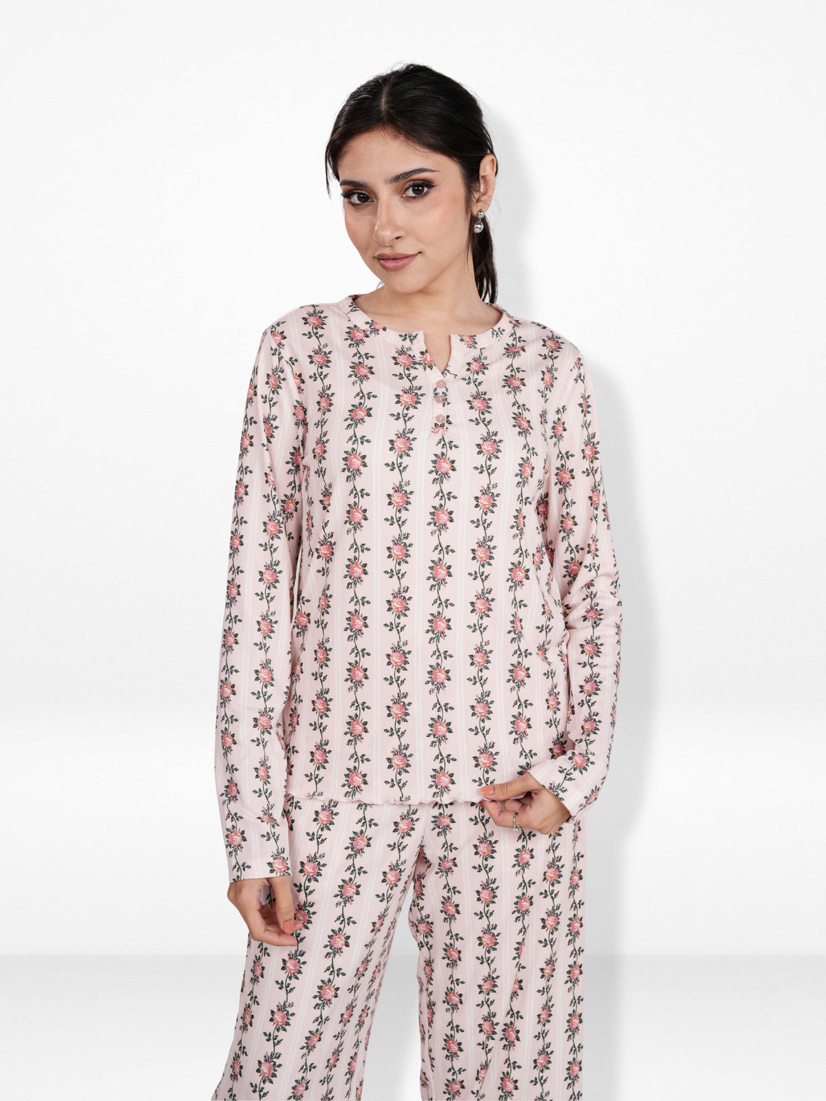 Women’s Henley Sleepwear Set – Long Sleeve Printed Pajama Top & Shorts | Soft Lightweight 2-Piece Nightwear