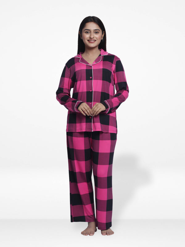 Women Sleepwear Long Sleeve Pyjama Set Wine Check