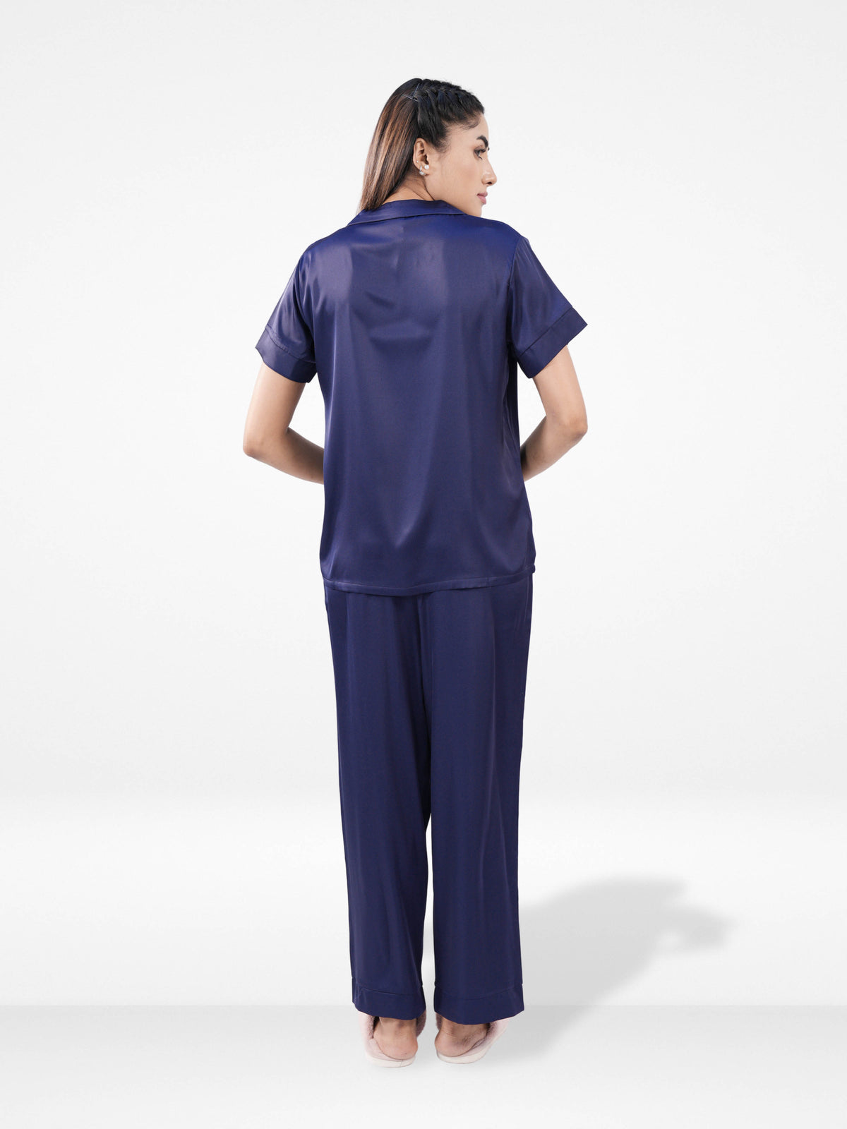 Satin Pajama Set for Women - Button Down, Short Sleeve Long Pant