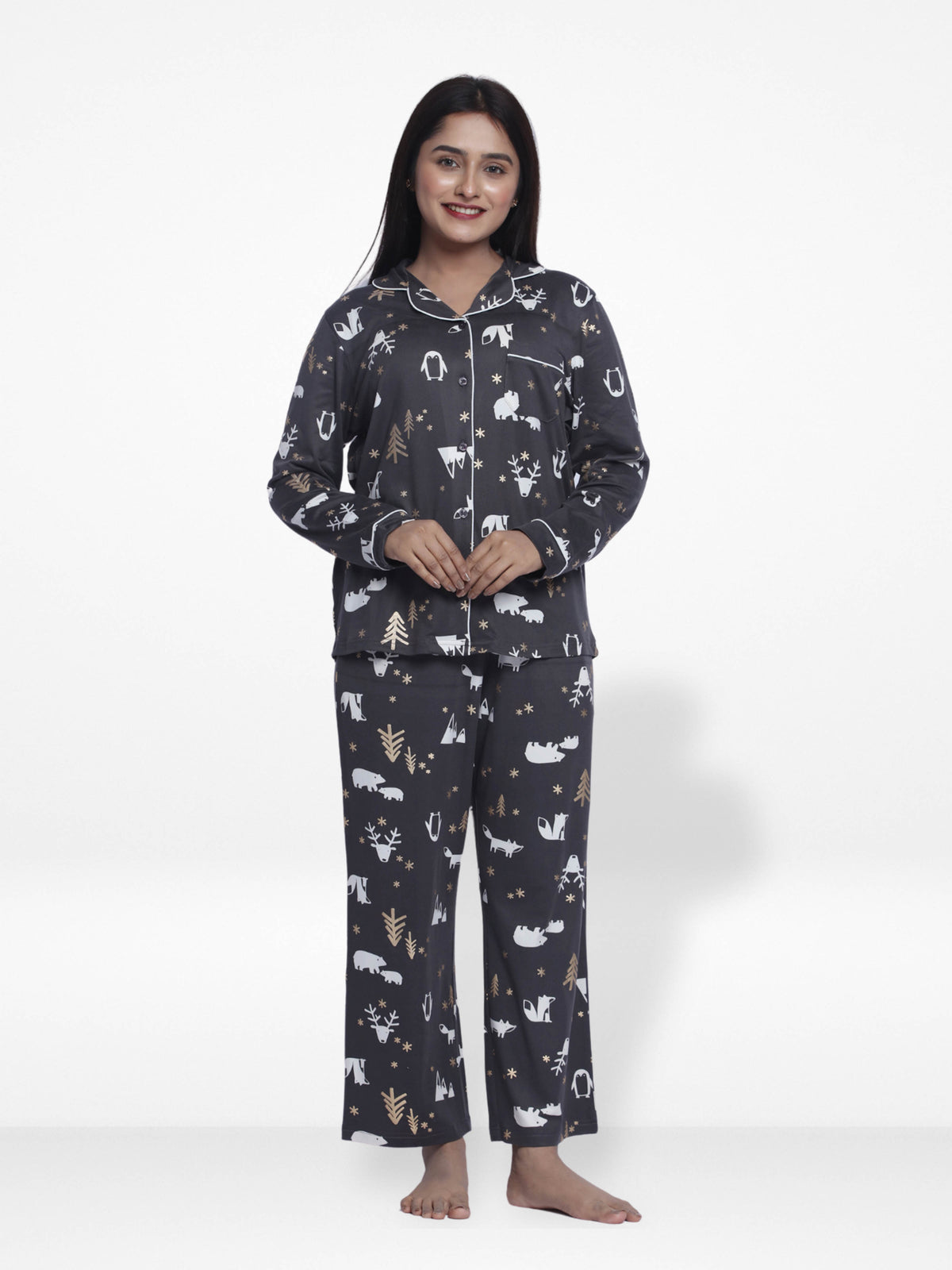 Women Sleepwear Long Sleeve Pyjama Set Dark Grey Aop