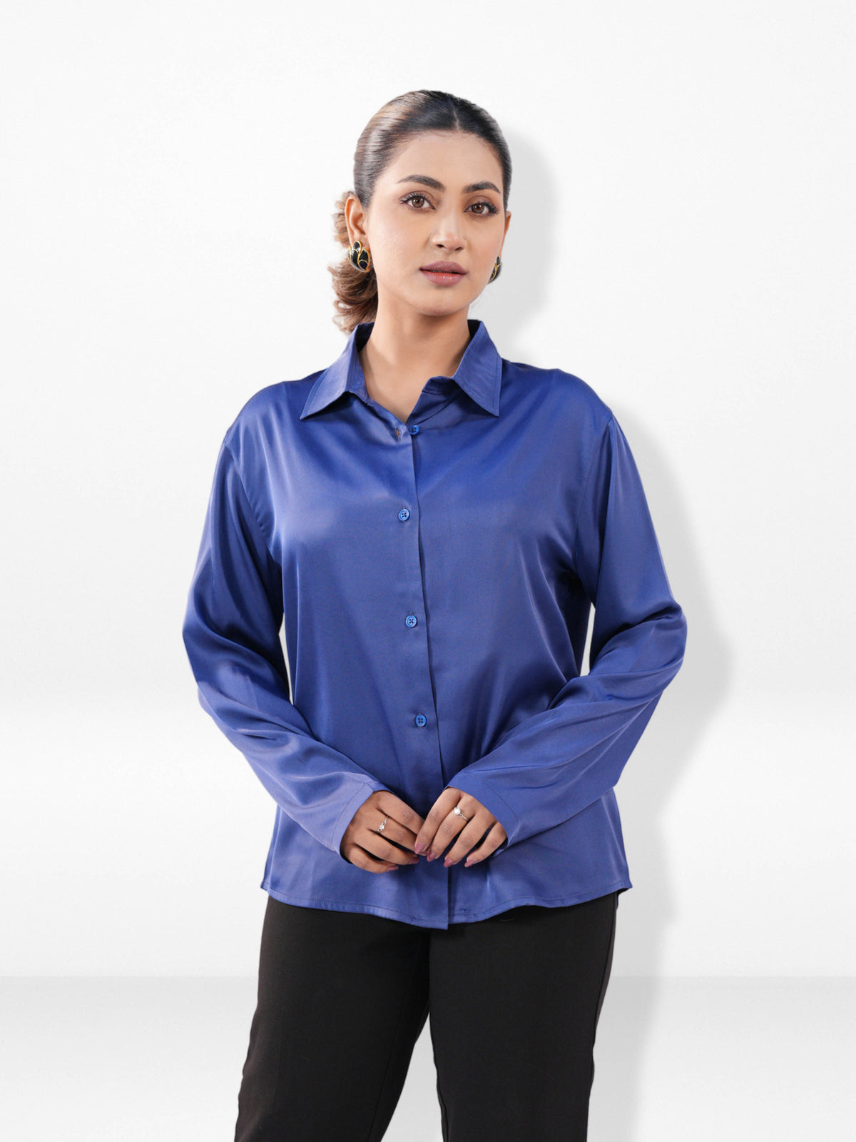 Women’s Long Sleeve Satin Shirt – Spread Collar Button-Down Top | Soft Shiny Formal & Casual Wear