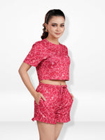 Women’s All Over Printed Crop Top Set – Crew Neck Half Sleeve Tee & Matching Bottom | Trendy Casual Two-Piece Wear