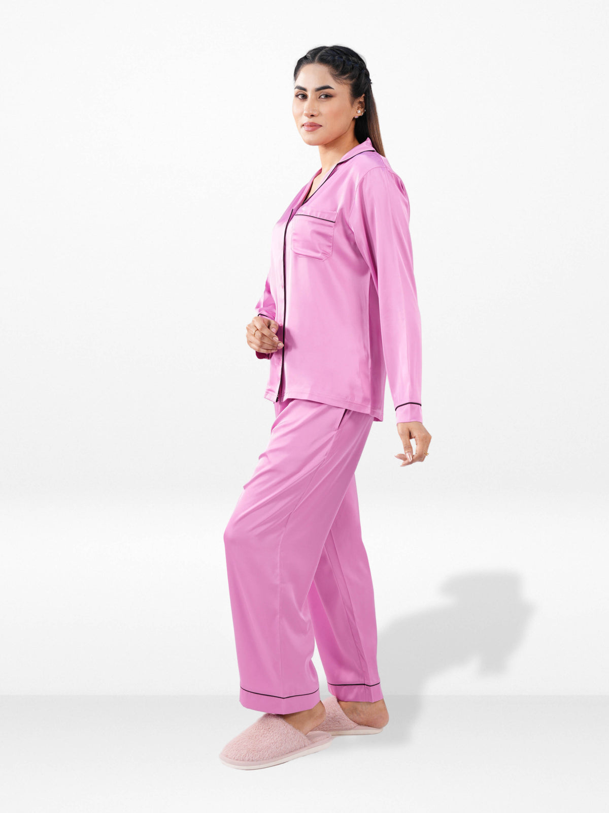 Satin Pajama Set for Women - Contrast Piping, Notch Collar, Button Down, Long Sleeve Long Pant