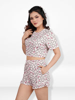 Women’s All Over Printed Crop Top Set – Crew Neck Half Sleeve Tee & Matching Bottom | Trendy Casual Two-Piece Wear