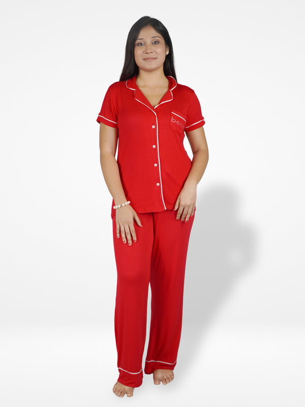 Women's Solid Color Notch collar Sleepwear Set.