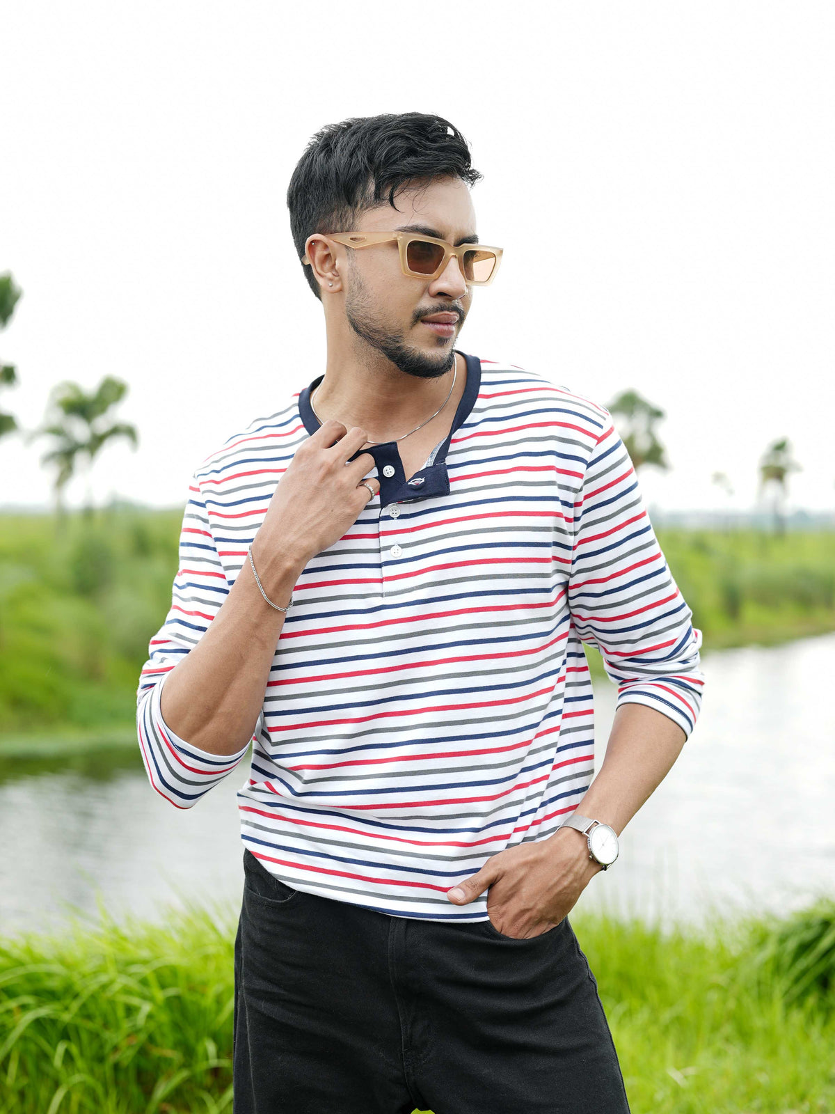 Men’s Striped Henley Neck T-Shirt – Regular Fit Long Sleeve Tee |Soft Stretch Casual Wear