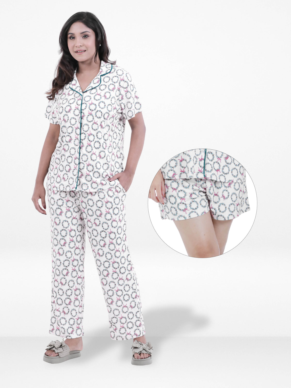 Women’s 3-Piece Pajama Set – Yummy Rib Fabric Sleepwear with Contrast Piping, Notch Collar & Button Down Top,