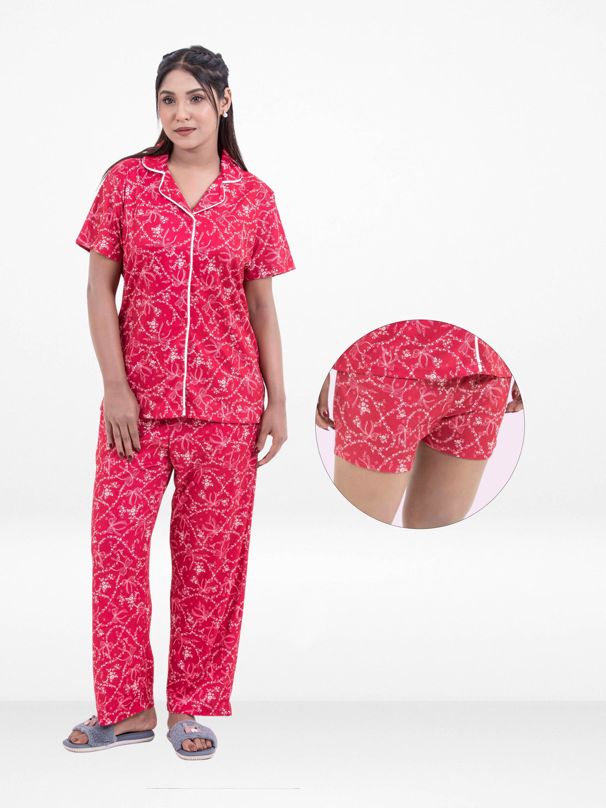3pcs Women Satin Pajama Set. Contrast Piping, Notch Collar & Button Down.