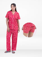 3pcs Women Satin Pajama Set. Contrast Piping, Notch Collar & Button Down.