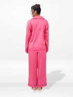 Satin Pajama Set for Women - Contrast Piping, Notch Collar, Button Down, Long Sleeve Long Pant