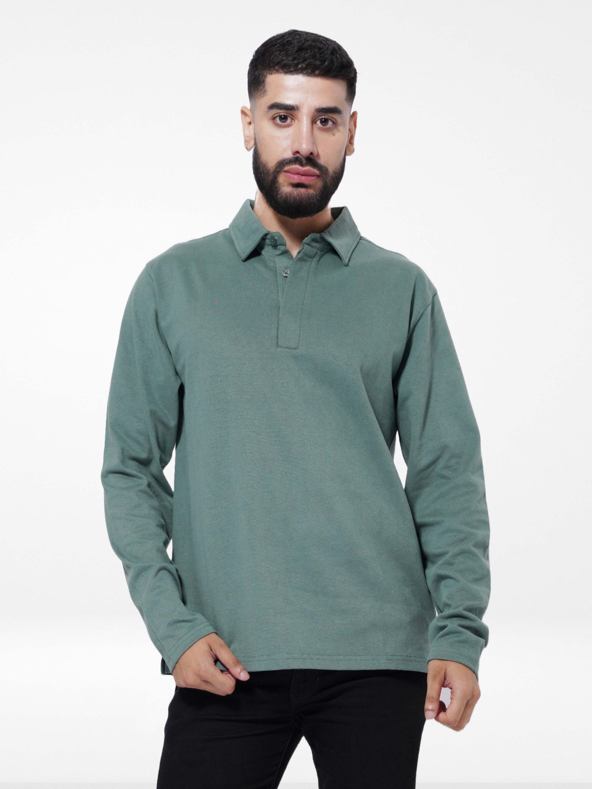 Men's Regular-Fit Long-Sleeve Player's Polo Shirt | Green- INTEBLU