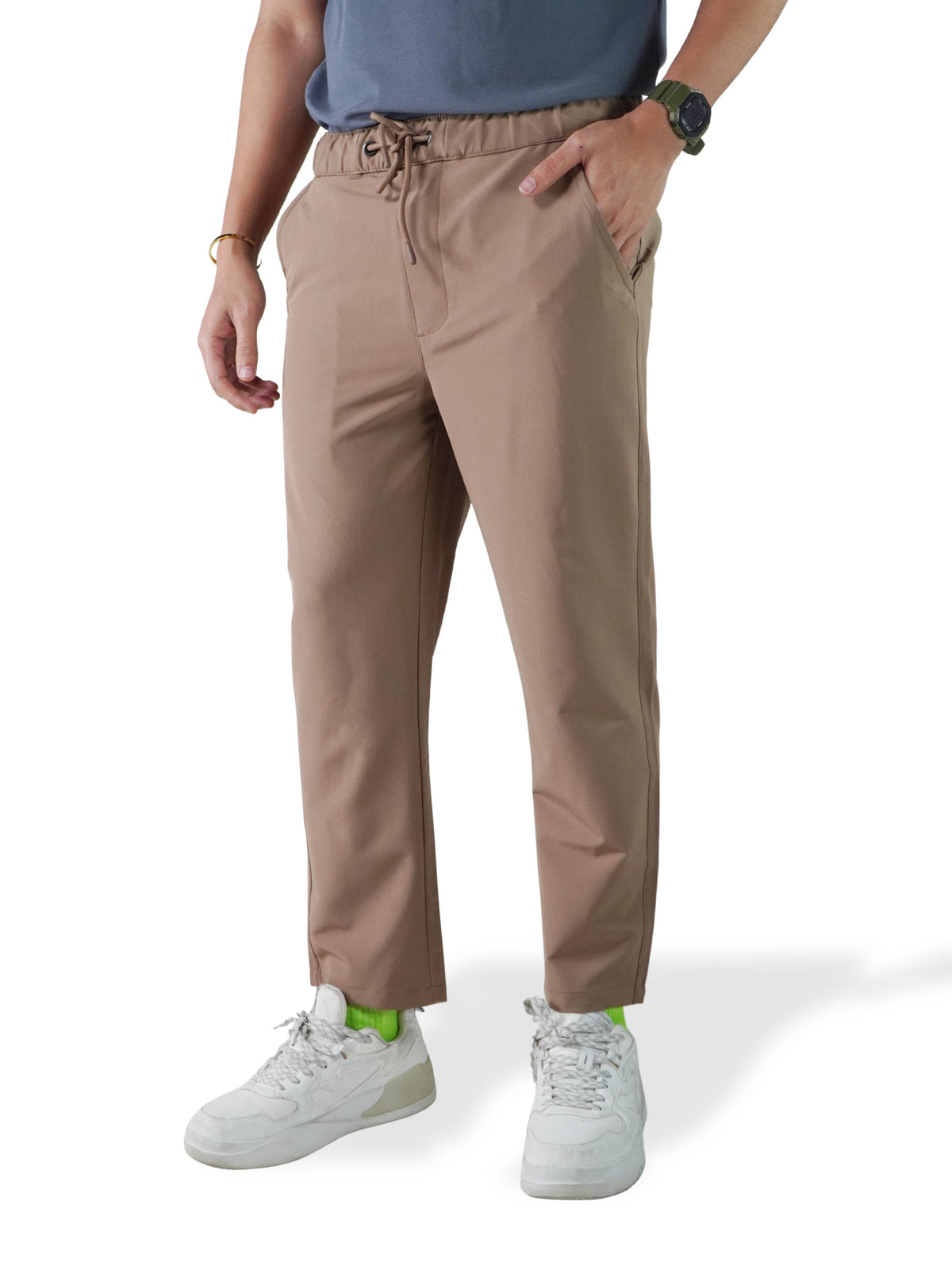 Men’s Relaxed Fit Trousers – Elastic Waist with Drawstring, Casual Pants with Fake Fly & Side Pockets ,Comfortable Everyday Wear