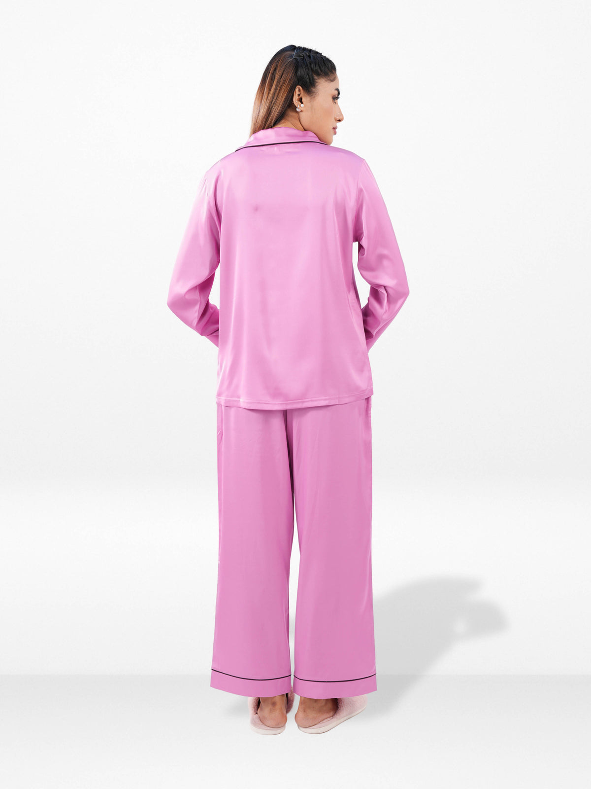 Satin Pajama Set for Women - Contrast Piping, Notch Collar, Button Down, Long Sleeve Long Pant