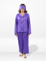 Satin Pajama Set for Women - Contrast Piping, Notch Collar, Button Down, Long Sleeve Long Pant
