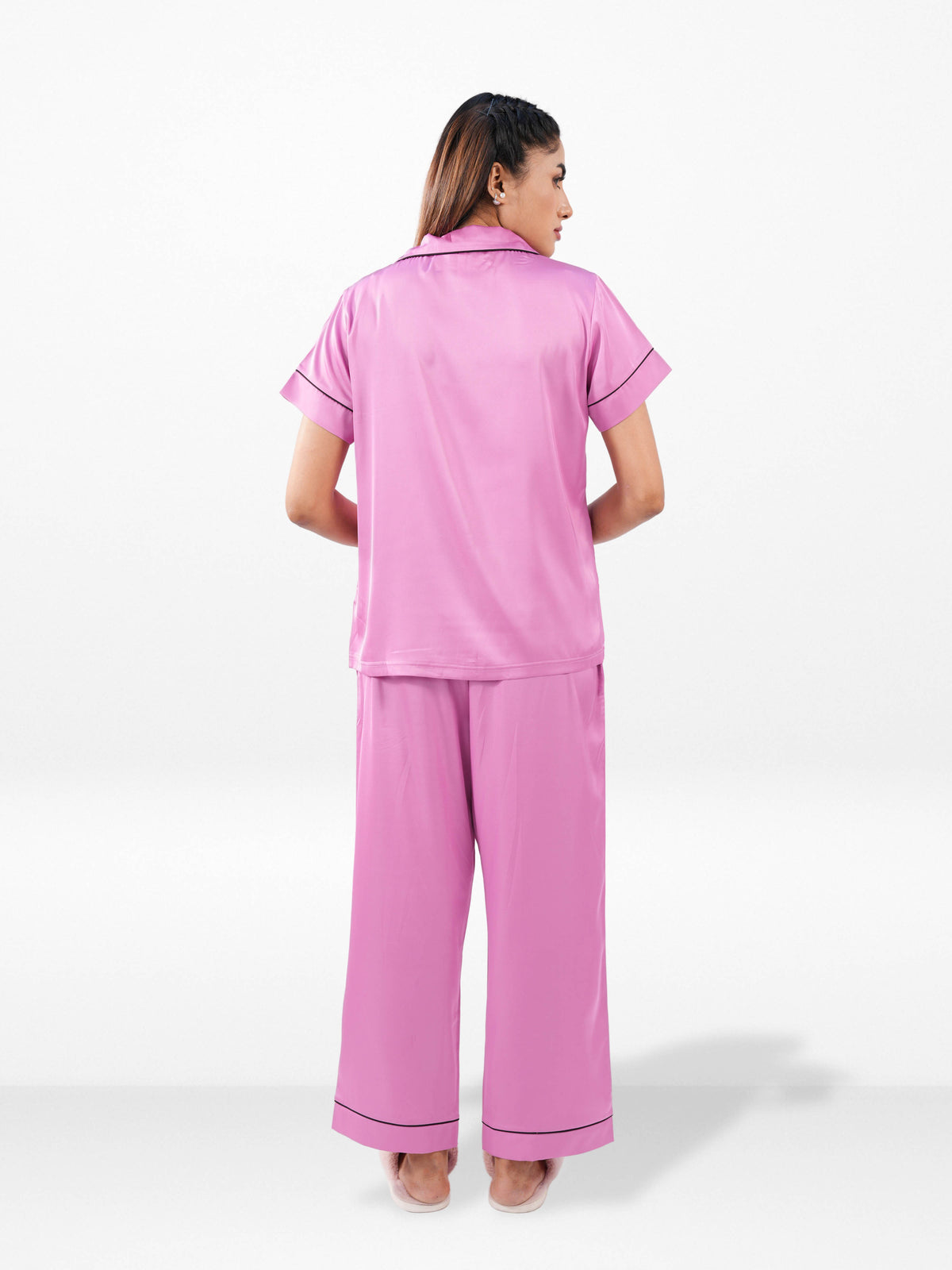 Satin Pajama Set for Women - Contrast Piping, Notch Collar, Button Down, Short Sleeve Long Pant