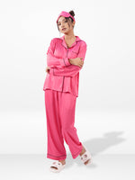 Satin Pajama Set for Women - Contrast Piping, Notch Collar, Button Down, Long Sleeve Long Pant