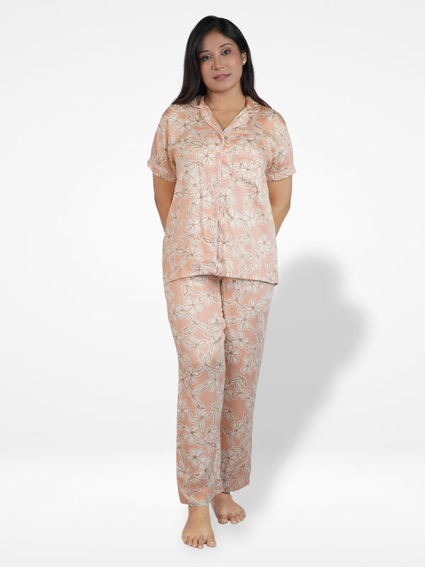 Women Pink Floral Printed Night Suit Set of Shirt and pajama, Nightwear set