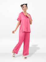 Satin Pajama Set for Women - Contrast Piping, Notch Collar, Button Down, Short Sleeve Long Pant & Sleep Eye Mask
