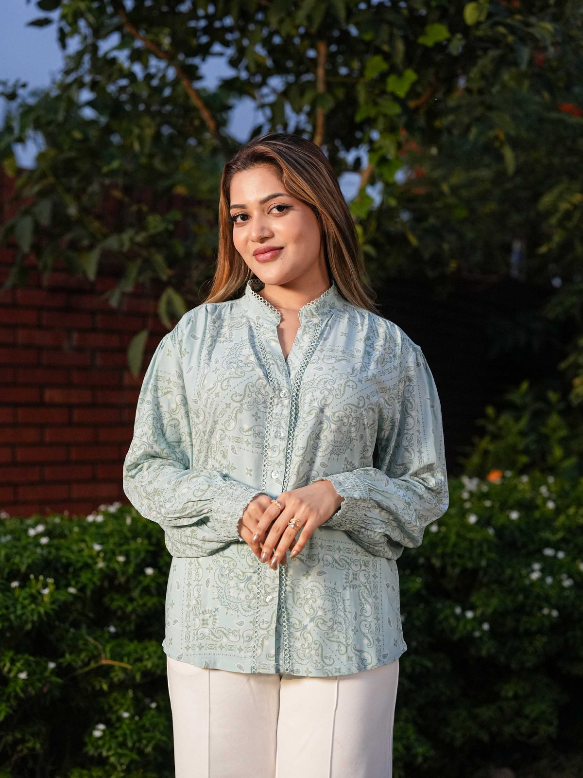 Women’s Floral Printed Lace-trimmed PlacketTops – Lightweight for Office & Everyday Style