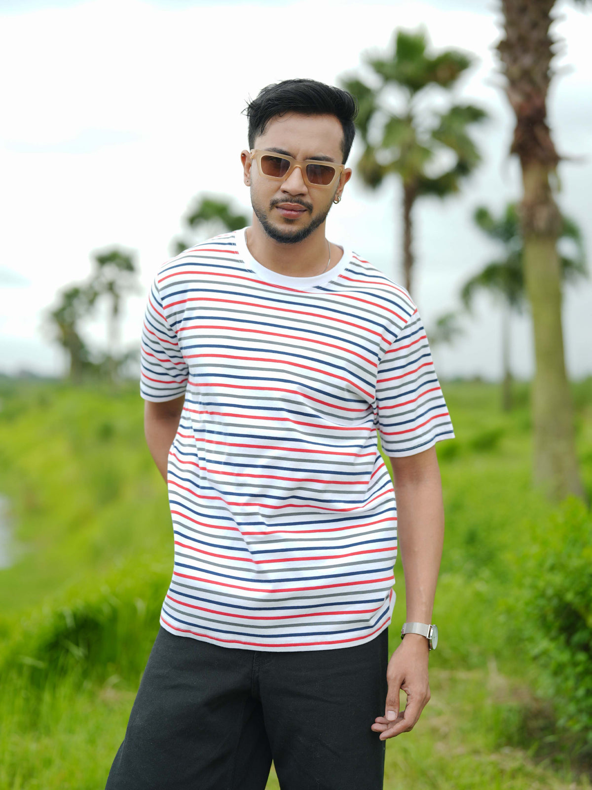 Men’s Striped Round Neck T-Shirt – Regular Fit Short Sleeve Tee | Soft Stretch Casual Wear
