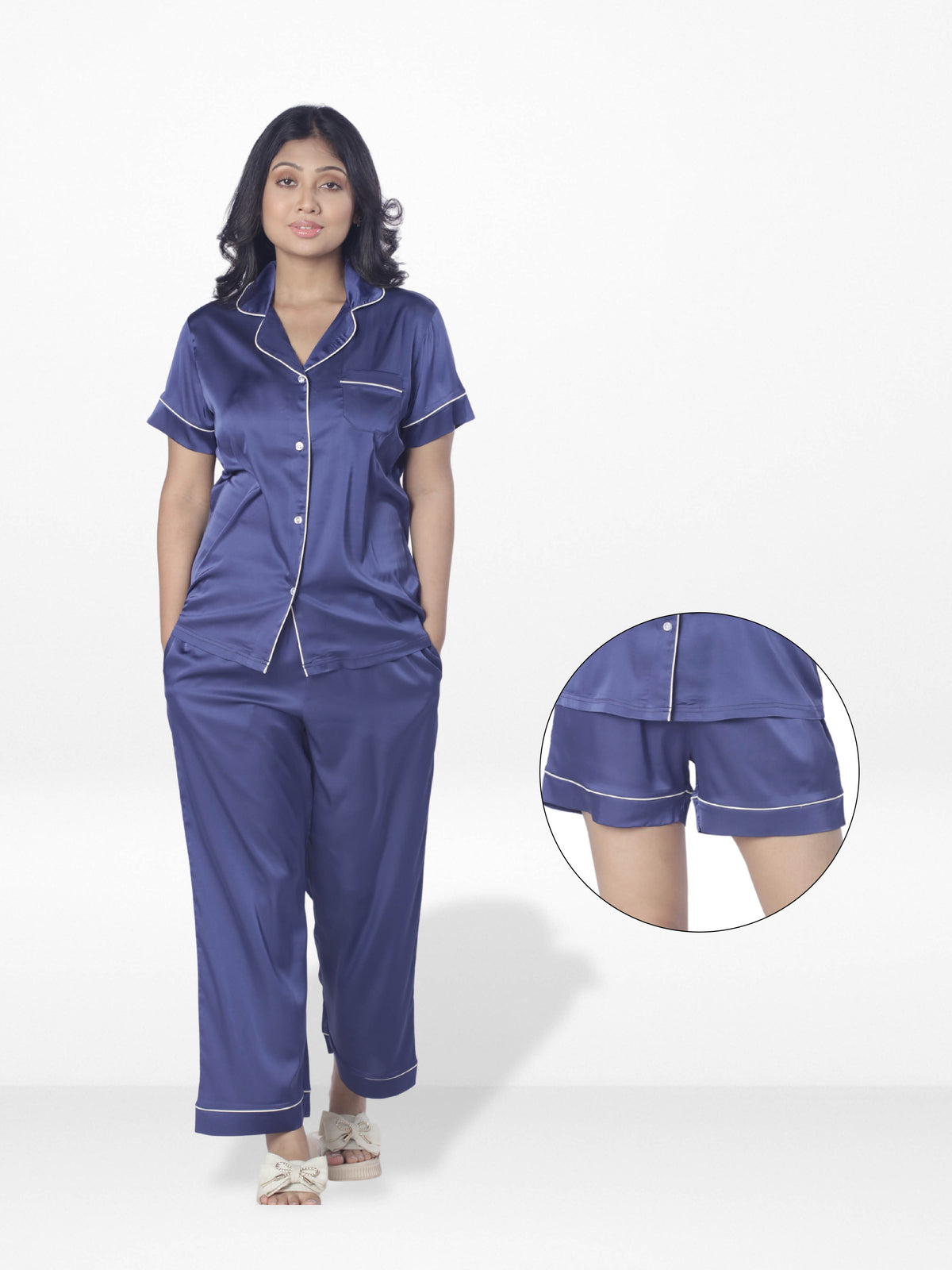 3pcs Women Satin Pajama Set. Contrast Piping, Notch Collar & Button Down.