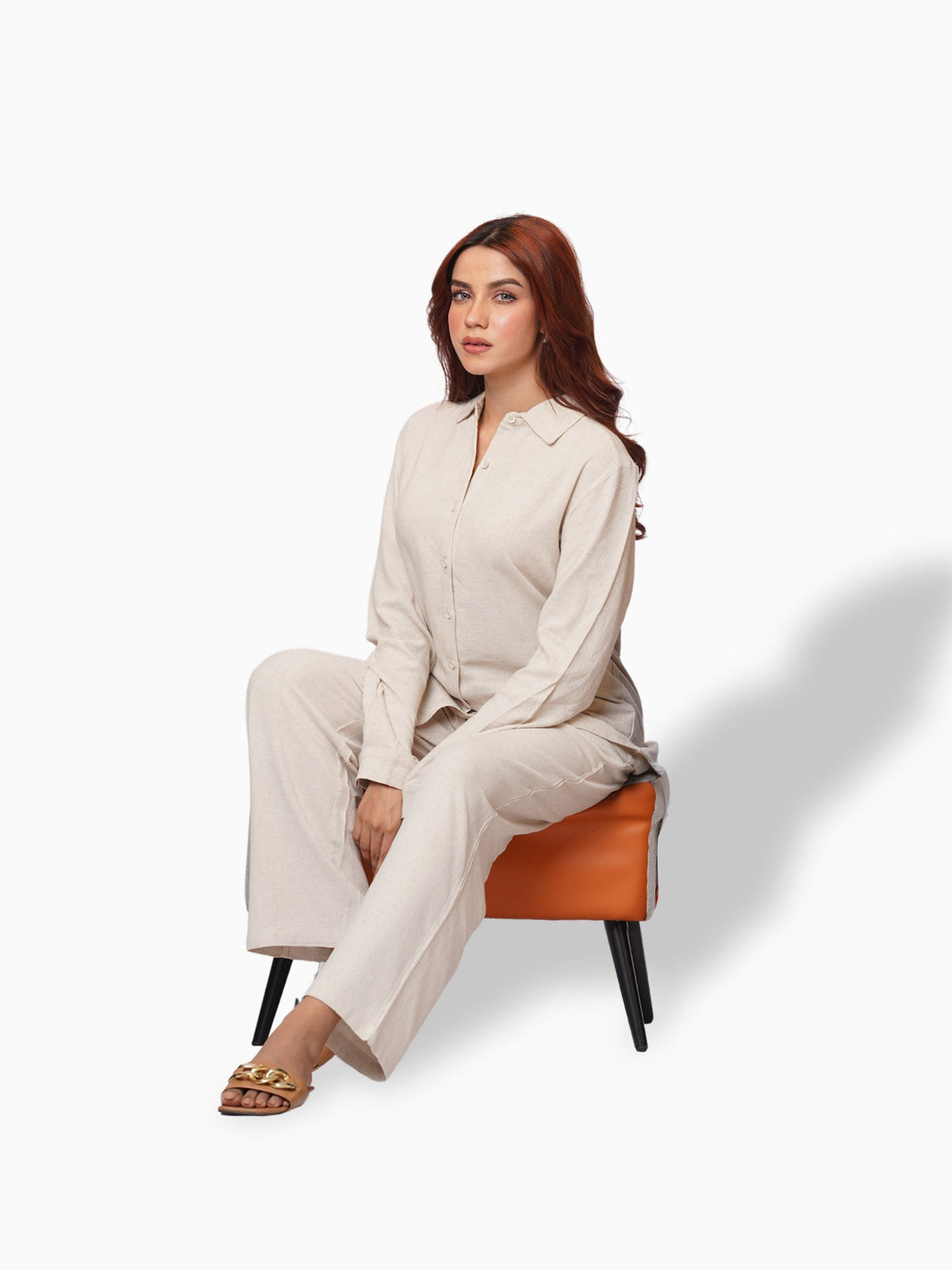 Women Long Sleeve Button Down Shirt High Waist Wide Leg Long Pants Outfits.