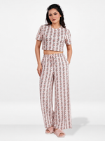 Womens All Over Printed Crop Top and Long Bottom Set Crew Neck Half Sleeve Tee & Matching Bottom | Trendy Casual Two-Piece Wear - Blushing Bride Rose