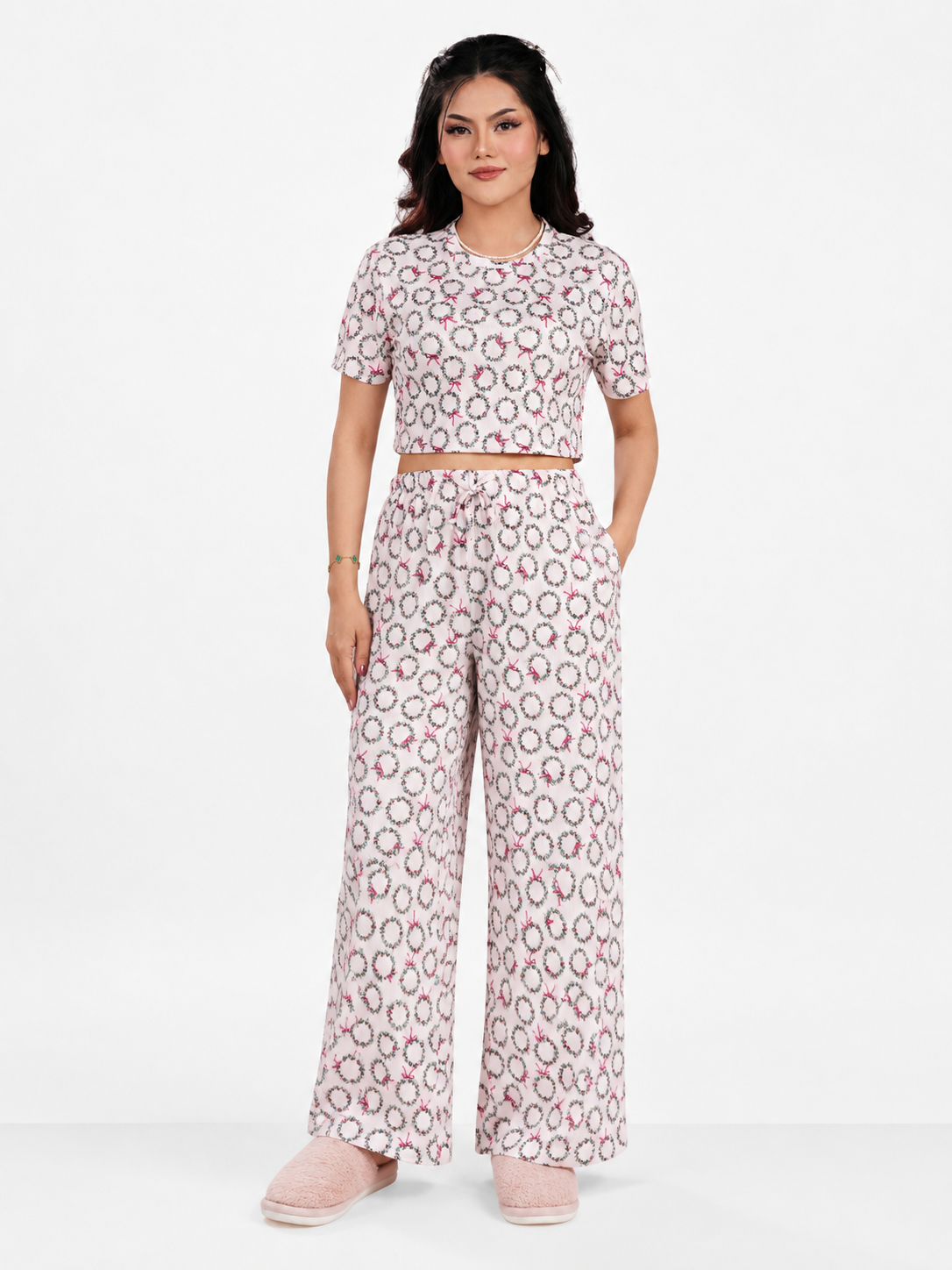Womens All Over Printed Crop Top and Long Bottom Set Crew Neck Half Sleeve Tee & Matching Bottom | Trendy Casual Two-Piece Wear - Blushing Bride