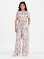Womens All Over Printed Crop Top and Long Bottom Set Crew Neck Half Sleeve Tee & Matching Bottom | Trendy Casual Two-Piece Wear - Blushing Bride