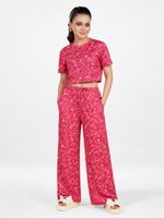 Womens All Over Printed Crop Top and Long Bottom Set Crew Neck Half Sleeve Tee & Matching Bottom | Trendy Casual Two-Piece Wear - Crimson