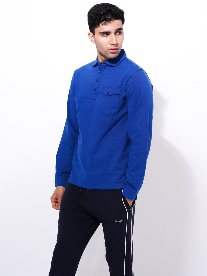 Men's Long Sleeve Player's  Button Polo Shirt | Blue Color - inteblu