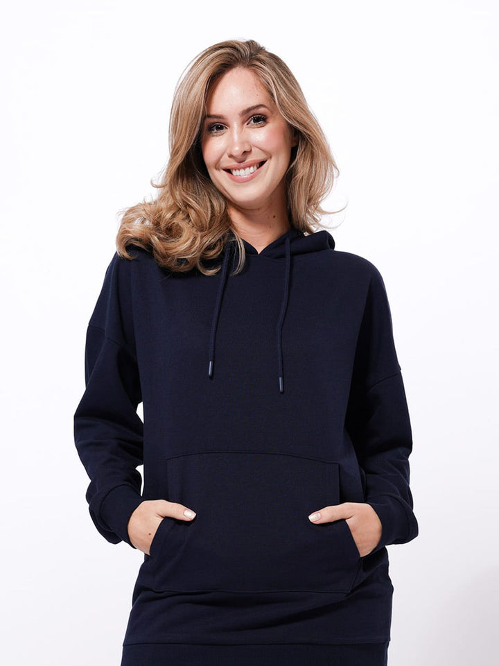 Women's Cotton Navy Blue Hoodie - inteblu