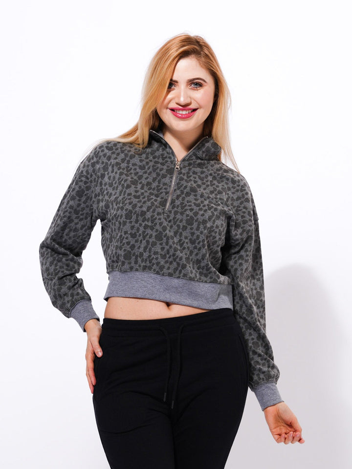 Ladies Cropped Sweat High Neck Sweatshirt In Black Color - inteblu