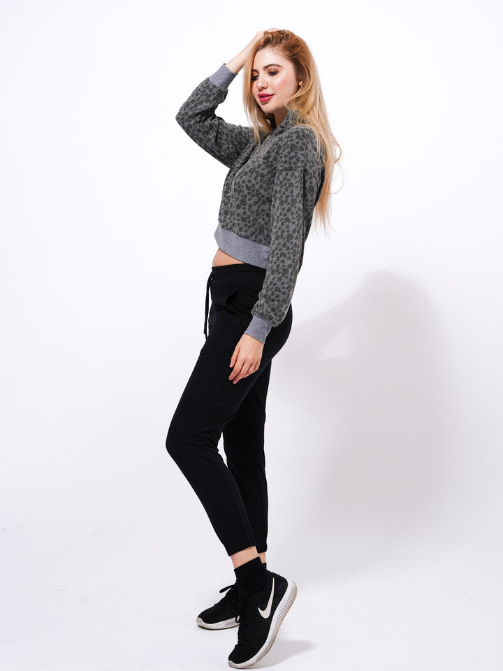 Ladies Cropped Sweat High Neck Sweatshirt In Black Color - inteblu