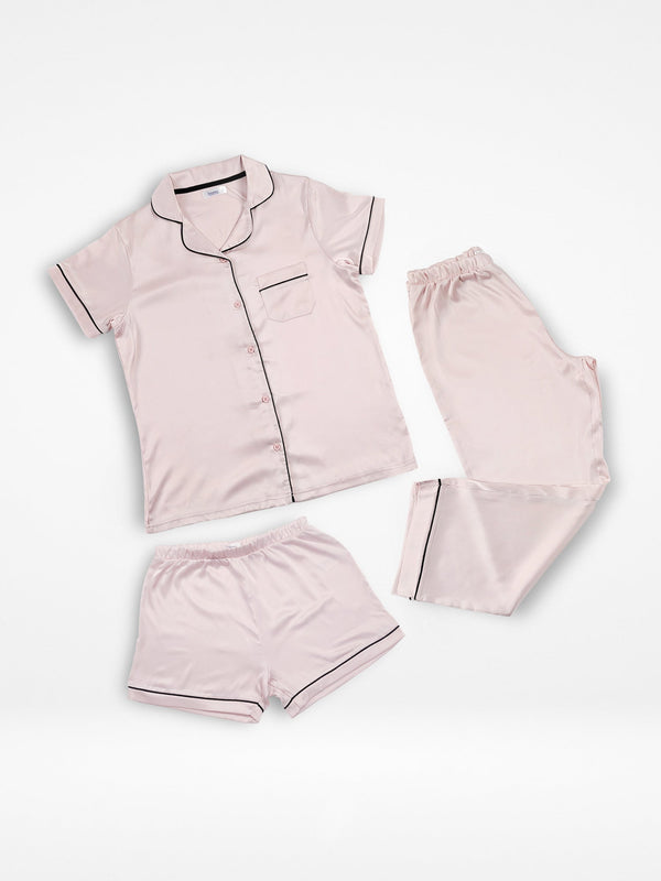 Satin Pajama Set for Women - Contrast Piping, Notch Collar, Button Down, Short Sleeve, Long Pant, Short Pant Set.