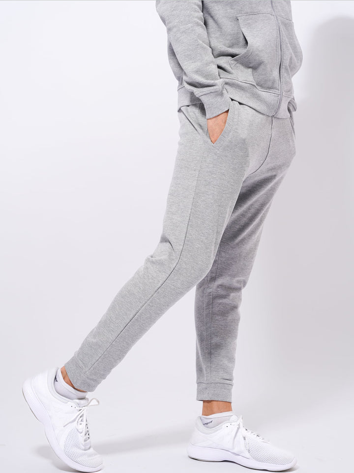 MEN GREY MELANGE SLIM FIT TERRY JOGGERS - inteblu