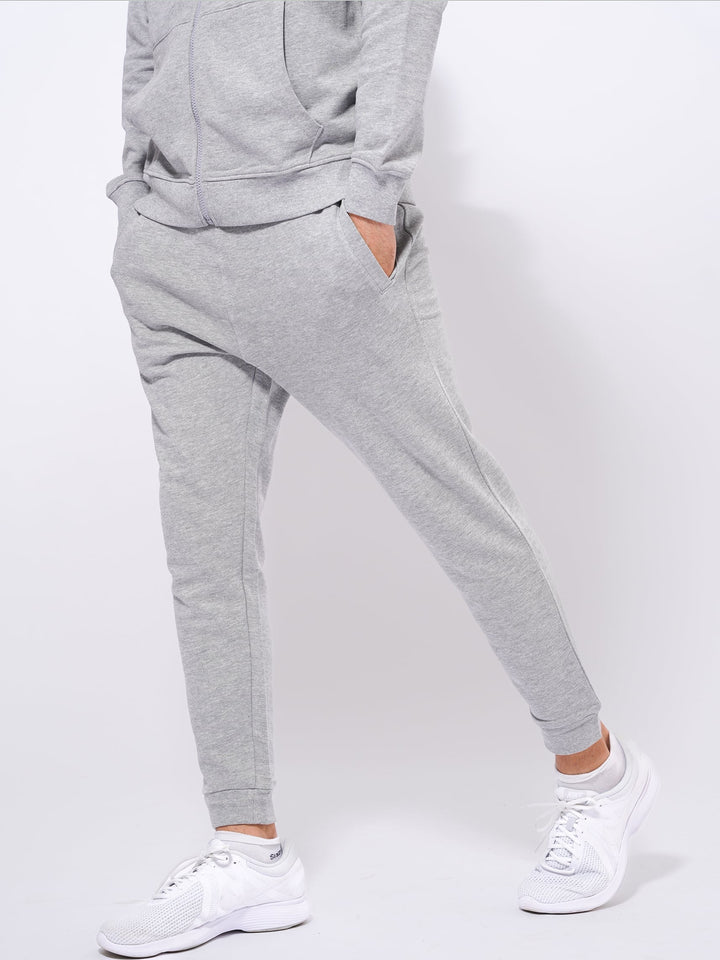 MEN GREY MELANGE SLIM FIT TERRY JOGGERS - inteblu